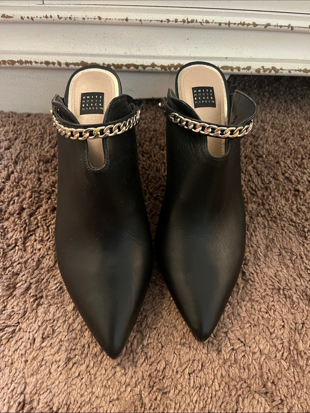 White House Black Market Black Mules with Gold Chain Trim